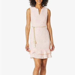 NWOT Karl Lagerfeld Paris Women's Belted Tweed Shift Dress in light pink.